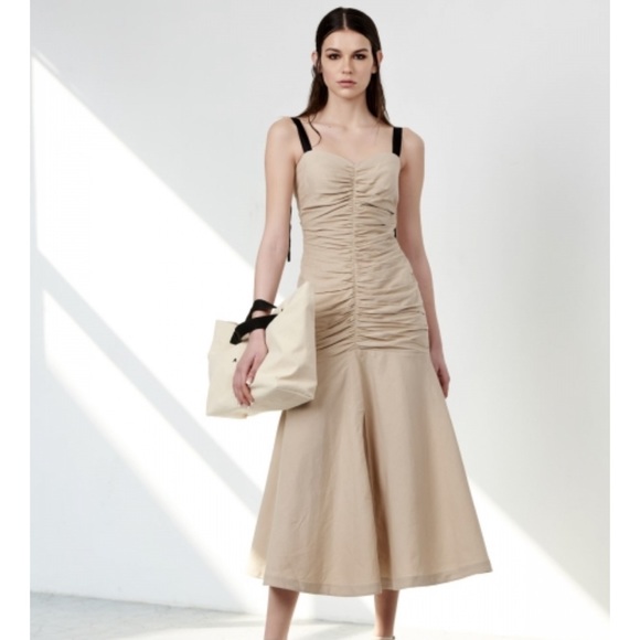 ATSU Summer Ruched MIDI Dress beige size 6 - Picture 1 of 10